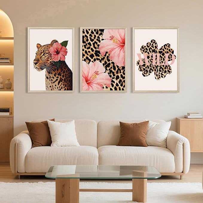 Trendy Leopard Wall Art Pink Cheetah Print Room Decor Leopard Flower Canvas Wall Decor Cheetah Aesthetic Poster Girly Pink Preppy Picture Funky Y2k Artwork for Girl Bedroom 16x24x3 Inch Wood Framed