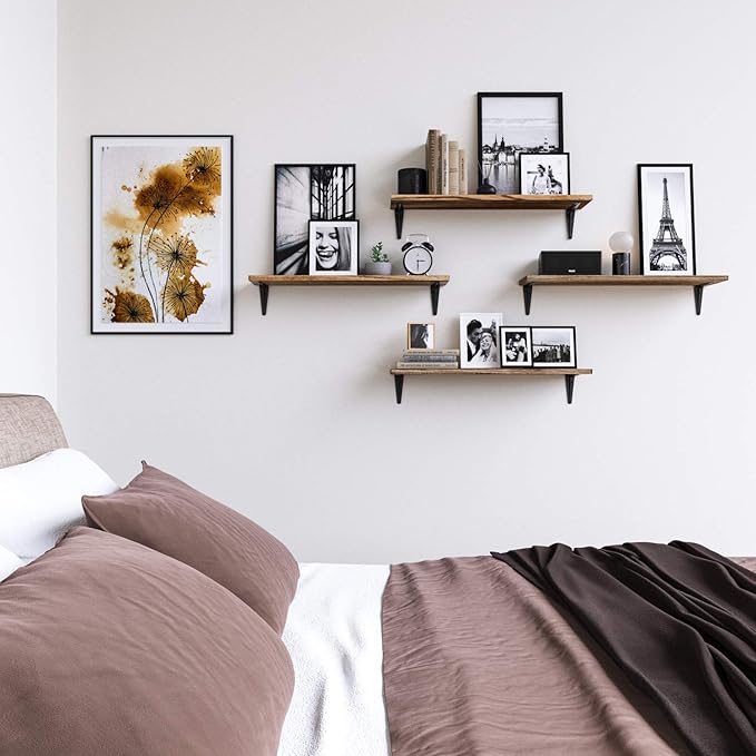 Wallniture Arras 24'' Floating Shelves, Floating Book Shelves, Wall Mounted Rustic Wood Shelf for Living Room, Bathroom Decor, Kitchen, Bedroom, Set of 4 Burnt