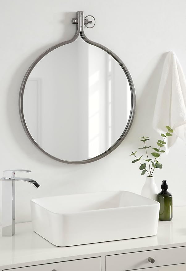 Kate and Laurel Yitro Round Industrial Rustic Metal Framed Wall Mirror, 23.5in x 28.5in, Dark Charcoal