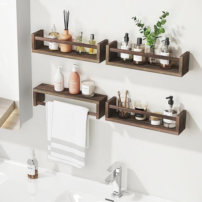 Fixwal Nursery Book Shelves, 16.5 Inch Nursery Shelves for Kids Rooms, Floating Shelves for Wall Set of 4, Solid Wood Wall Mounted Shelves for Books and Toys Storage (Brown)