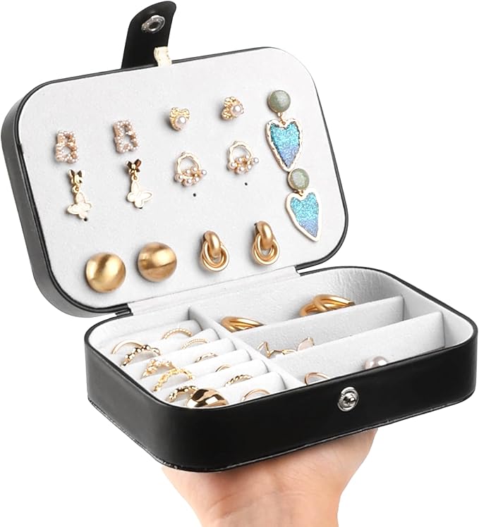 OceeK Travel Jewelry Box,Travel Jewelry Case for Girls Women Mothers, Travel Jewelry Organizer Case, PU Leather Black,1 Pack