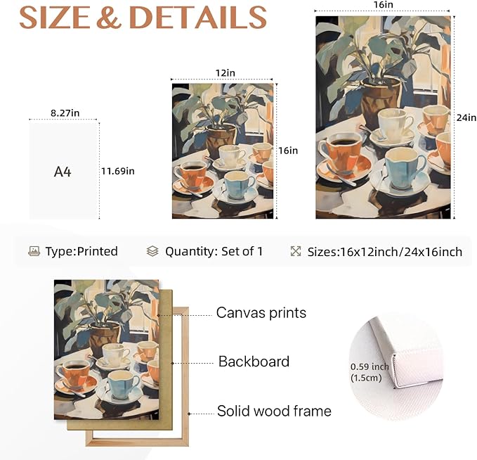 Cyebmo Framed Retro Coffee Wall Art, Coffee Cup Plant Wall Decor, Watercolor Cafe Canvas Painting, Minimalist Vintage Travel Food Poster Print for Home Office Cafe Bar Living Room 16x24 Inch