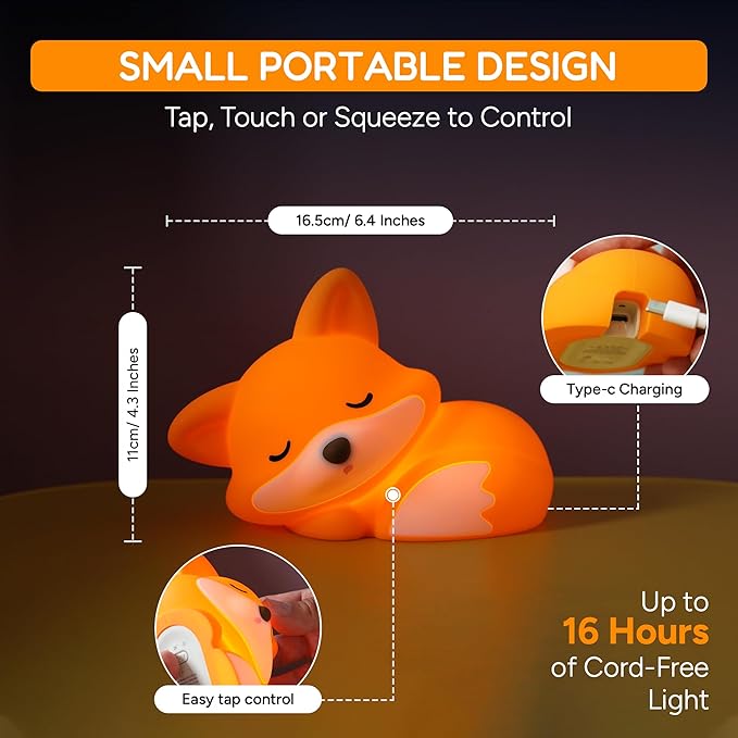Cute Fox Night Light for Kids, Silicone Baby Nursery Night Light, Rechargeable Touch Lamp with Timer & Dimmable Warm Light for Bedroom Decor, Cute Animal Lamp