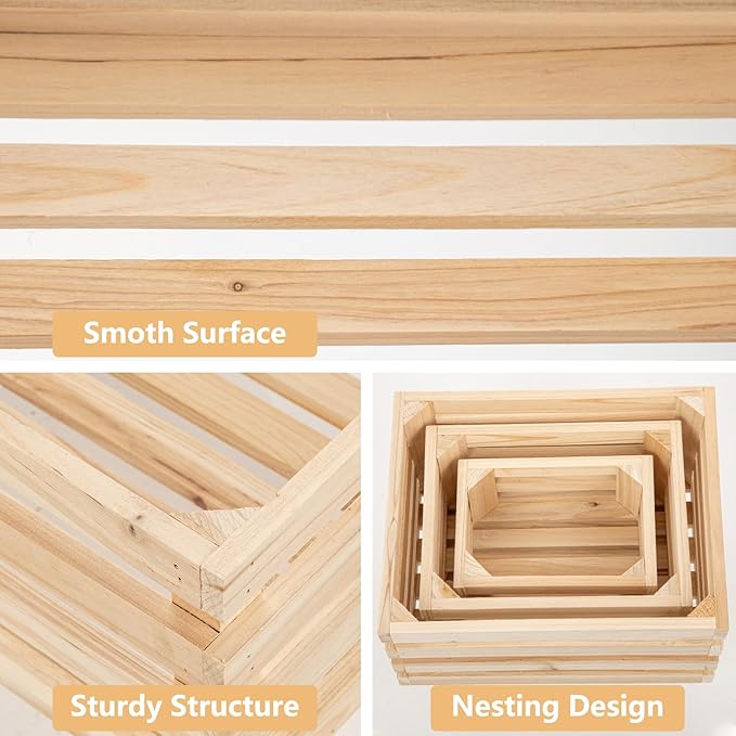 Oairse Set of 3 Nesting Wooden Storage Crates - Rustic Wooden Storage Crates for Display Wood Container Boxes Wood Baskets for Farmhouse Flower Stand Display Rack for Shops or Exhibitions Home Decor