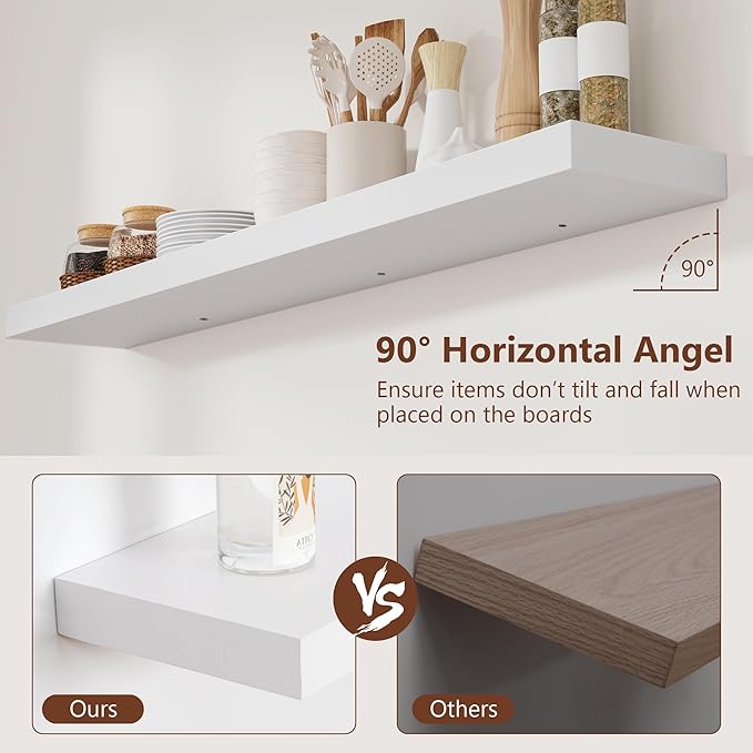 fuqing White Floating Shelves 48 Inch Set of 2, Solid Wood Wall Mounted Shelves 48 Inches Long, Modern Floating Shelves for Bedroom Living Room Bathroom - White