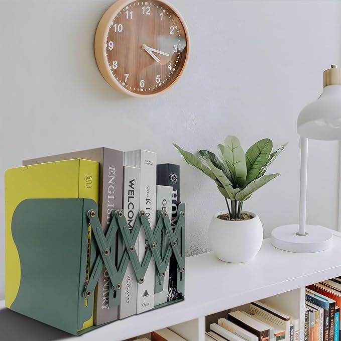 Adjustable Bookends Non Skid Decorative Bookends,Metal Bookend for Heavy Books,Bookshelf Organizer Holder for Books and Magazines for Desk(Green)