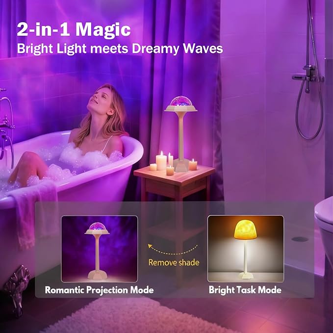 Rechargeable Shower Light, Waterproof Bathroom Lamp with Ocean Wave Projection, 3 Light Colors and 16 Ambient Modes, Touch and Remote Control, Ideal for Shower Rooms, Bedrooms and Nighttime Ambience