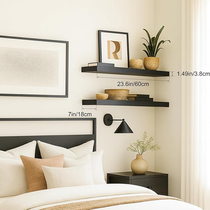 Floating Shelves for Wall, Bathroom Shelves Over Toilet, Wall Shelves & Book Shelf for Room, Hanging Shelf, Modern Wooden Mounted Floating Shelves, 24x7x1.5 in (Black, Set of 2)