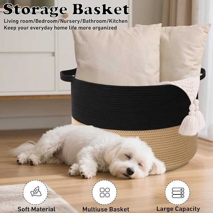90L Large Blanket Basket, 21.7"x 21.7"x 13.8" Rope Woven Storage Basket with Handles, Laundry Hamper for Toys, Clothes, Pillows & Towels, Perfect for Living Room, Nursery & Bedroom,Black&Camel