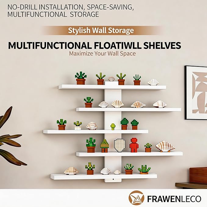 No Drill Floating Shelf for Wall, 5-Tier Wall Mounted Organizer, Damage-Free Display Shelf for Collectibles, Figures, Bathroom Kitchen Storage, White