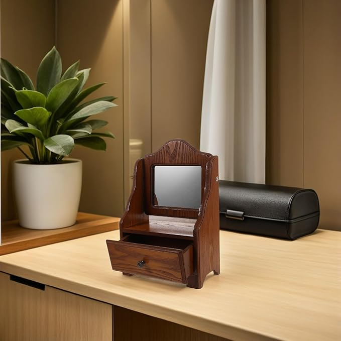 Wooden Vanity Mirror with Drawer Vintage Square Makeup Mirror for Bedroom Dressing Table Desktop Cosmetic Organizer for Women Bathroom Storage