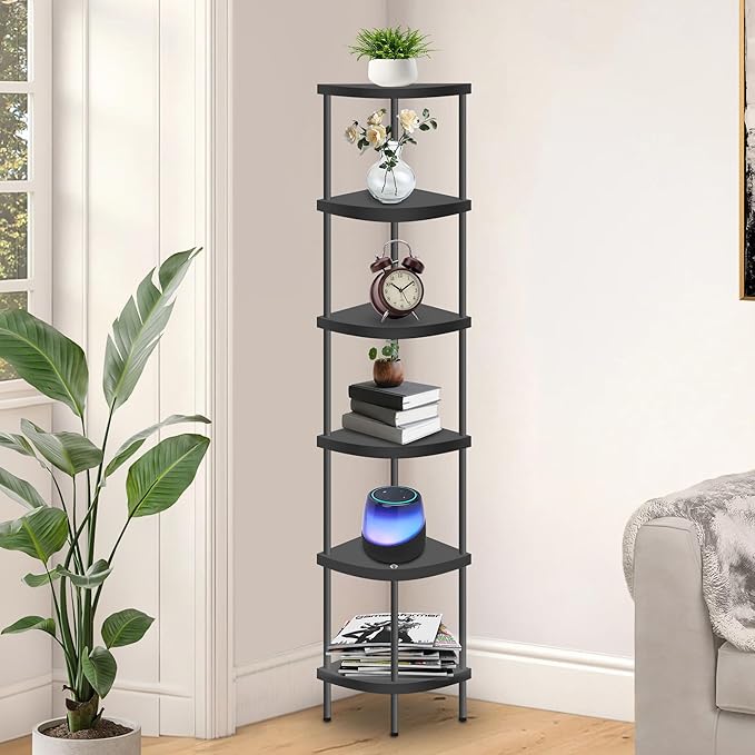 Qupui 6 Tier Corner Shelf Stand, 66” Tall Corner Bookshelf Multipurpose Shelving Unit, Plant Stand Display Rack Home Organizer Shelves for Bedroom Living Room, Black