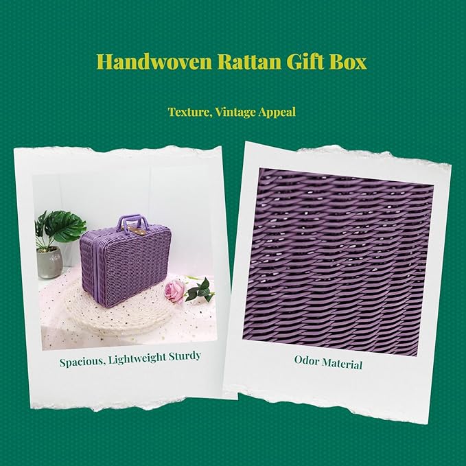 Woven Suitcase Imitation Rattan Storage Basket Gift Box Rustic Picnic Suitcase Handwoven Storage Case for Travelling Bathroom, Violet L
