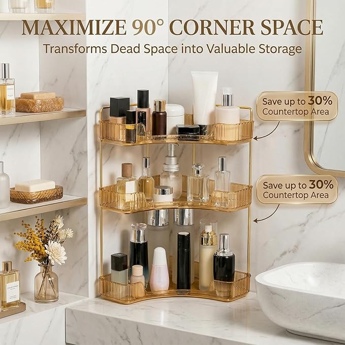 Multi-Tier Corner Countertop Organizer Rack, 90° Space-Saving Bathroom Makeup Organizer Countertop, Tool Free Acrylic Storage Rack for Bathroom, Vanity, Dresser, Makeup, Cosmetics (Gold-1-tier)