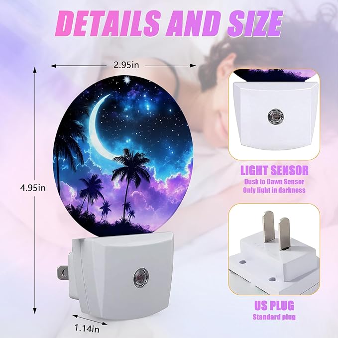 Palm Tree Night Light Purple Blue Night Moon Night Lights LED Lamp Round Plug into Wall Nightlight with Dusk to Dawn Sensor Home Hallway Stairway Kitchen Decor
