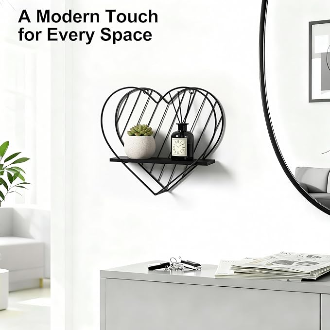 Afuly Floating Shelves - Black Wall Shelf, Heart Shaped Modern Minimalist Storage Rack Organizer for Bedroom, Bathroom, Living Room Home Decor