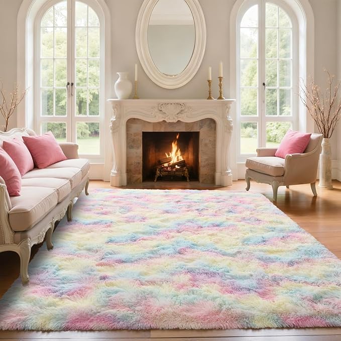 5x7 ft Fluffy Rainbow Area Rug for Bedroom Soft Fuzzy Living Room Rug Non-Slip Shag Rugs Carpet for Nursery Kids Play Room Dorm Office Indoor Modern Plush Carpets