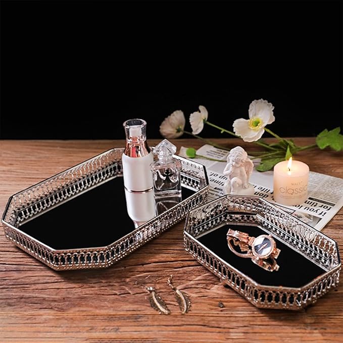 Mirror Tray, Makeup Decorative Storage Mirror Tray, Gold Or Silver Glass Mirror Crystal Vanity Tray, Antique Mirror Serving Tray Round Ornate Jewelry Trinket Organizer Tray for Home Decor(#8)