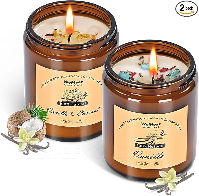 WEMEET Candles for Home Scented 2 Pack, Vanilla Scented Candle with Dried Flowers, Coconut Vanilla Soy Candles with Crystals, Candle Set for Creating a Relaxing Ambiance