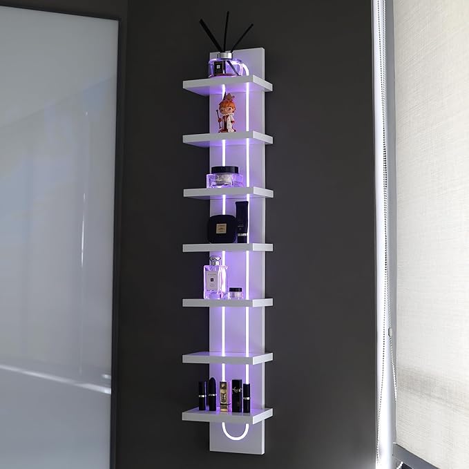 Exclusive U-Shaped 7-Tier Compact Narrow Wall Shelf Unit with RGB Lighting, Modern Vertical Shelf for Vanity, Ideal for Anime Figures, Perfumes, Cosmetics, Collectibles,White