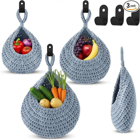 Honeydak Boho Decor Hanging Wall Baskets for Kitchen 3 Pack Teardrop Baskets with Hooks Storage Fruit Onion Vegetable Potato for Home 3 Sizes(Light Blue,Teardrop,Cotton Rope)