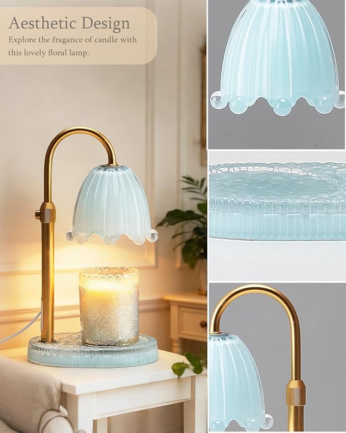 Flower Candle Warmer Lamp with Timer, Vintage Adjustable Glass Warmer Light for Jar Candles, Electric Wax Warming Melter, Gifts for Women Mom, Bedroom Decor (Blue-Flower)