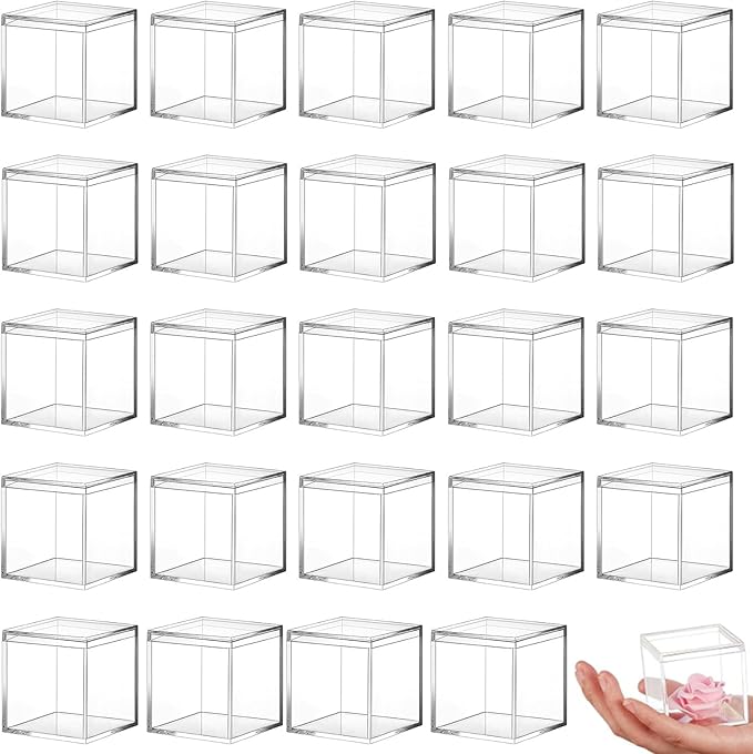 24 Pcs Clear Small Acrylic Box Plastic Acrylic Square Cube with Lid, 1.77×1.77×1.77 inches Gifts Box Storage Containers Display Box for Cosmetics, Jewelry, Party Favors, Makeup, and Tiny Item