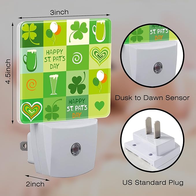 Happy St. Patrick's Day Night Light for Kids,Clover and Green Beer Night Light Plug in with Dusk to Dawn Sensor, 0.5w Energy Saving Sleep Friendly Nightlight for Hallway Stairway Kitchen Bedroom