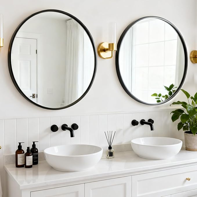 Round Wall Mirror 20 Inch Black Vanity Mirror with Metal Frame, Modern Circle for Bathroom, Entryway, Bedroom, Living Room, Wall Mounted Decorative Mirrors