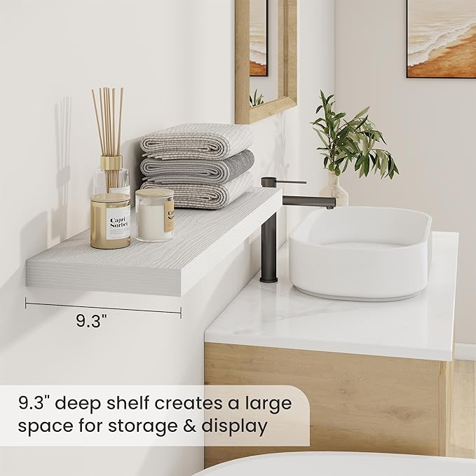 Fun Memories 9.3Inch Deep Floating Shelves for Wall, 30 Inch Rustic Wood Wall Mounted Shelves for Bathroom, Bedroom, Kitchen, Deep Floating Shelf for Storage & Home Decor (White, Set of 2)