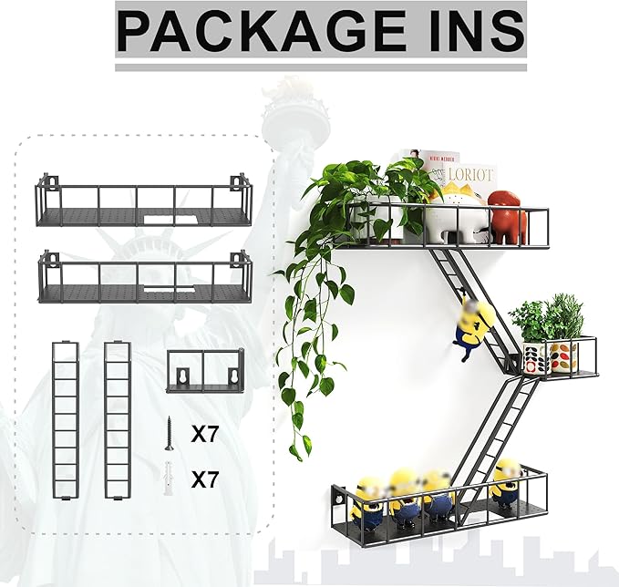 Fire Escape Shelf - 3 Tier Metal Black Fire Escape Wall Shelves with Baskets, New York Action Figurine Display Shelf, Unique Rustic Floating Decorative Wall Shelves for Any Room
