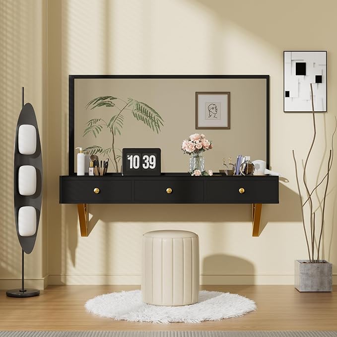47-Inch Floating Shelf Wall-Mounted Vanity Table with Drawer, Makeup Desk, Closet Organizer, Black, MDF+Glass