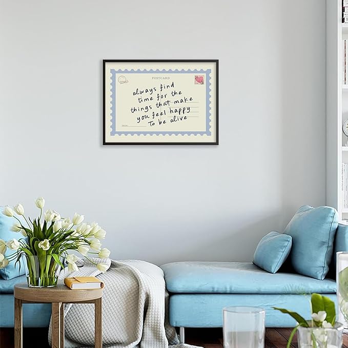 Positive Affirmations Quotes Wall Art Blue Preppy Postcard Poster 24X36 inch Black Framed Always Find Time Horizontal Canvas Prints Retro Happy Home Wall Decor