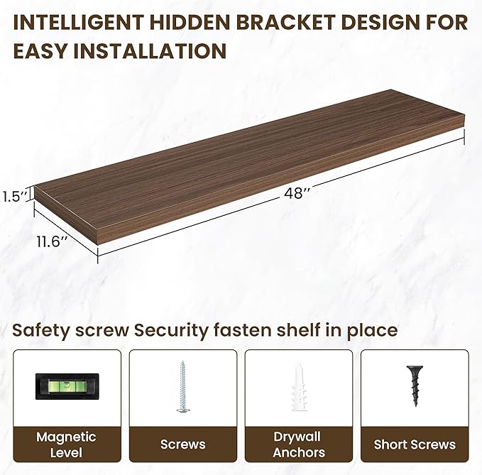 Acovy 48 Inch Floating Shelves, 12 Inch Deep Floating Shelves for Wall, Floating Shelf with Invisible Brackets, Deep Shelves for Bathroom, Bedroom, Living Room, 1 Pack, Walnut