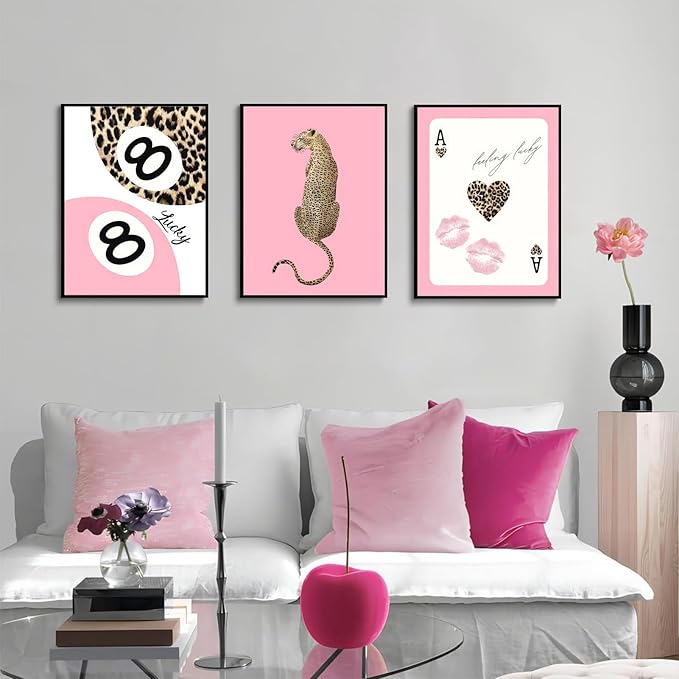 Set of 3 Trendy Pink Leopard Wall Art Cheetah Lucky 8 Ball Posters Prints Preppy Cheetah Aesthetic Wall Decor Pictures for Girly Bedroom Apartment Dorm Decoration Unframed 16x24in