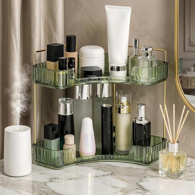 Multi-Tier Corner Countertop Organizer Rack, 90° Space-Saving Bathroom Makeup Organizer Countertop, Tool Free Acrylic Storage Rack for Bathroom, Vanity, Dresser, Makeup, Cosmetics (Green-2-tier)