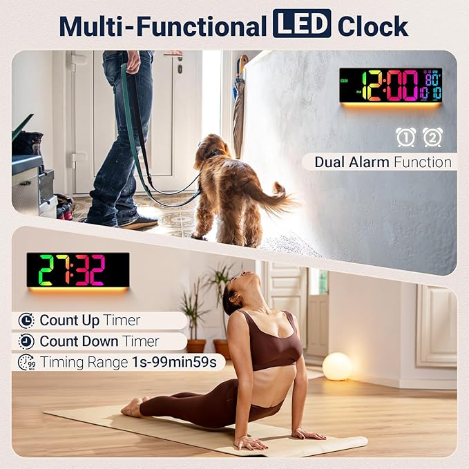 16.5" Large Digital Wall Clock: 11 RGB Color LED Display with Remote Control, Auto DST, Temperature & Date, Big Number Wall Clock for Seniors, Classroom, Office, Gym, Home Decor Brown