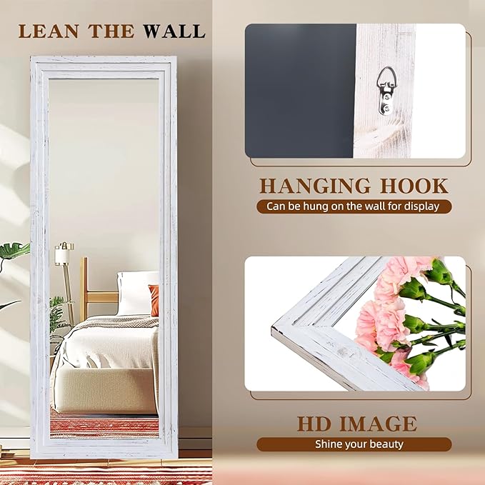 Full Length Mirror 65"x24" Solid Wood Frame Floor Large Mirror for Living Room, Bedroom Hanging or Leaning Wall-Mounted, White