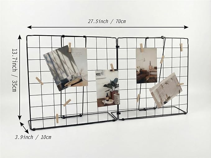 Foldable Double-sided Desktop Photo Display Rack & Grid Display Board With 20 Wooden Clips – Photo & Accessory Organizer For Home Office Black