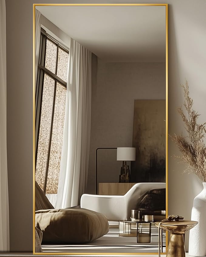 Antok Full Length Mirror, 46"x90" Floor Mirror with Stand, Hanging Mounted Mirrors for Bedroom, Living Room, Cloakroom, Dining Room, Gold, Rect