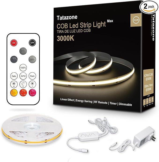 Tatazone 32.8ft 3000K Bright COB LED Strip Light, Dimmable, Warm White, Indoor, RF Remote, Adhesive, for Living Room, Shelf, Cabinet, Kitchen