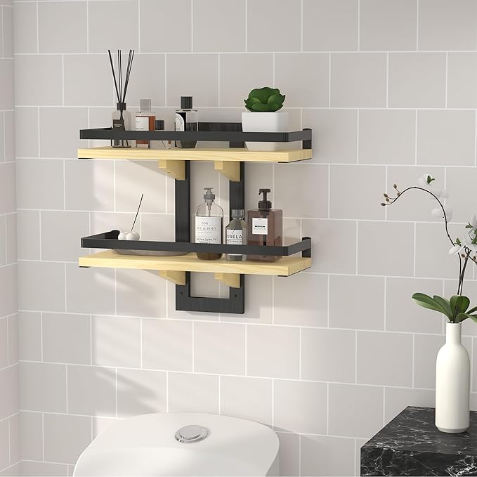 Floating Shelves for Wall, 2-Tier Wood Hanging Decor Storage Shelves, Wall Mounted Floating Shelf for Living Room, Bedroom, Bathroom, Kitchen, Office, Study (2-Pack Wood)