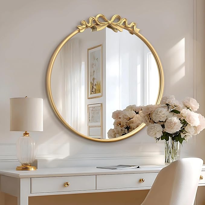 Besdomus Vintage Gold Mirror: 27" Bow Round Wall Mounted Mirror - Baroque Traditional Ornate for Entryway/Fireplace/Bathroom/Hallway - Home Decor for Fashion-Conscious
