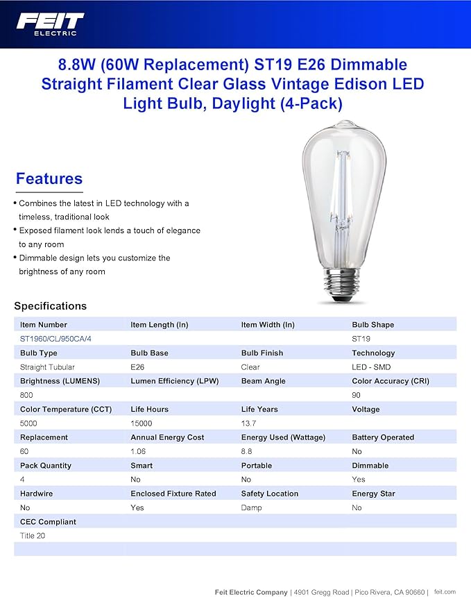 Feit Electric ST19 Vintage Edison LED Light Bulb, 60W Equivalent, Dimmable, 5000K Daylight, 800 Lumens, E26 Base, Retro Filament Light Bulbs, 15,000-Hour Lifetime, ST1960/CL/950CA/2/4, 8 Pack