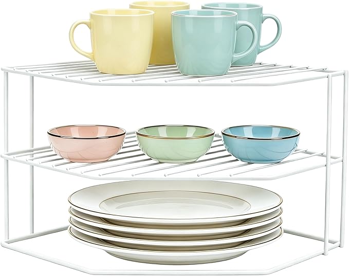 3-Tier Kitchen Corner Shelf Rack – 10x10x7 Inch Metal Wire Counter & Cabinet Organizer, Pantry Kitchen Counter Storage Shelf and Organizer for Plates, Cups, Dishes (White)