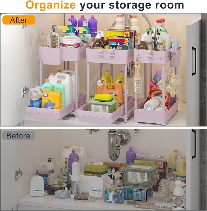 Sevenblue 3 Pack Under Sink Organizers, 2-Tier Multi-Use Kitchen and Bathroom Organizers and Storage with Sliding Drawers, Bathroom Cabinet Organizer (Pink, 12.8 Inch)