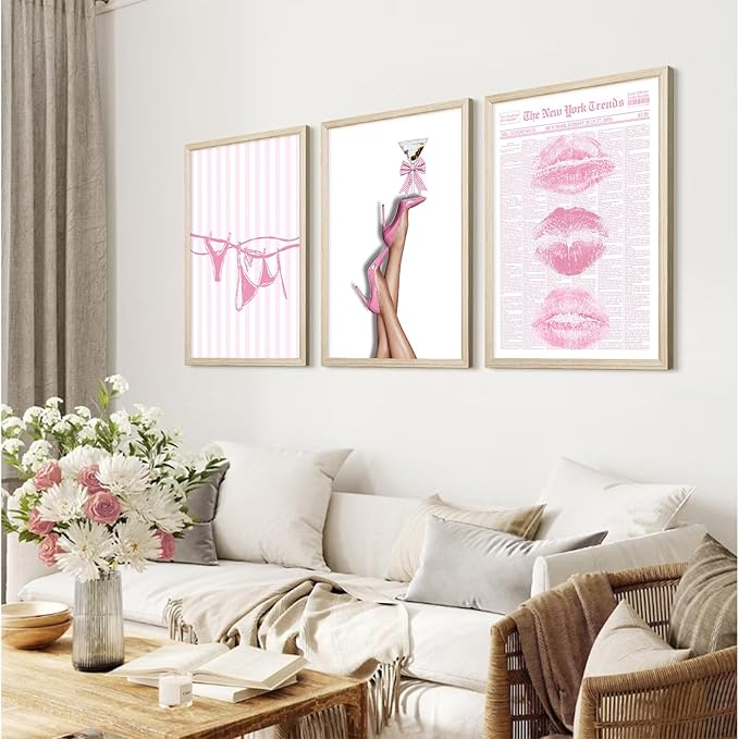 Pink Coquette Wall Art Decor Trendy Aesthetic Posters Preppy Funky Y2k Canvas Wall Art Decor Bow Girly Room Pictures Coquette Bikini Lips Prints Pink Artwork for Dorm Bedroom 16x24x3 Inch Wood Framed