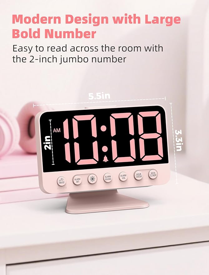 Odokee Digital Alarm Clocks for Bedrooms: Large Bold Number 5 Brightness Dimmer - Easy to Read Across The Room - 5 Alarm Sound 8 Night Light - Sakura Pink