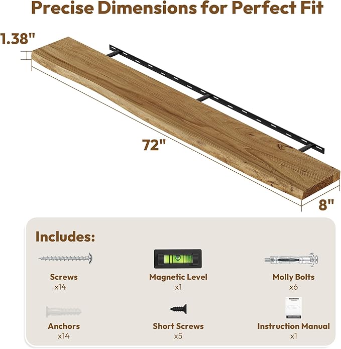 Vivelove Live Edge Floating Shelves Solid Wood, Elm Shelves for Wall with Invisible Bracket for Living Room Bedroom Bathroom Office Book, Rustic Farmhouse Wooden Shelf, 72 Inch Set of 1- Natural