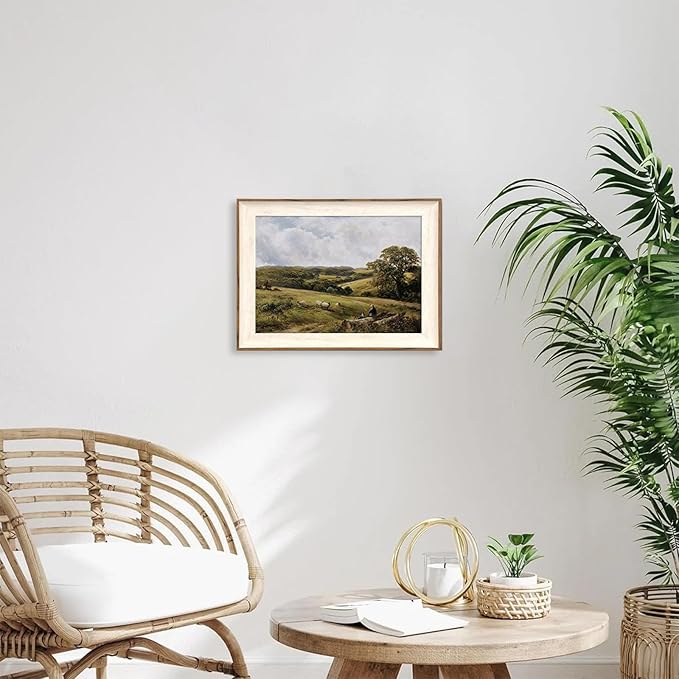 ASTRDECOR Framed Vintage Wall Decor, Vintage Green Nature Canvas Wall Art Prints Bedroom, Sheep Shepherd Landscape Oil Painting Mountain Wall Art Living Room, Rustic Farmhouse Decor for Dining Room -12''x16''